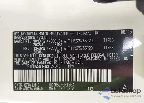 2016 Toyota Sequoia Platinum 5.7L V8 from USA, damaged, VIN 5TDDW5G14GS127076